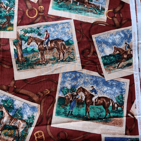 Vtg Horse Fabric Sketched Jockeys bridal straps.  52x108 - Picture 3 of 3